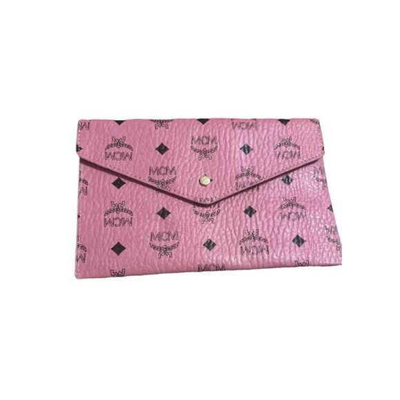 MCM Foldover Flap Envelope Clutch Pink Black Logo Monogram Print Pouch Bag NEW - Picture 1 of 8